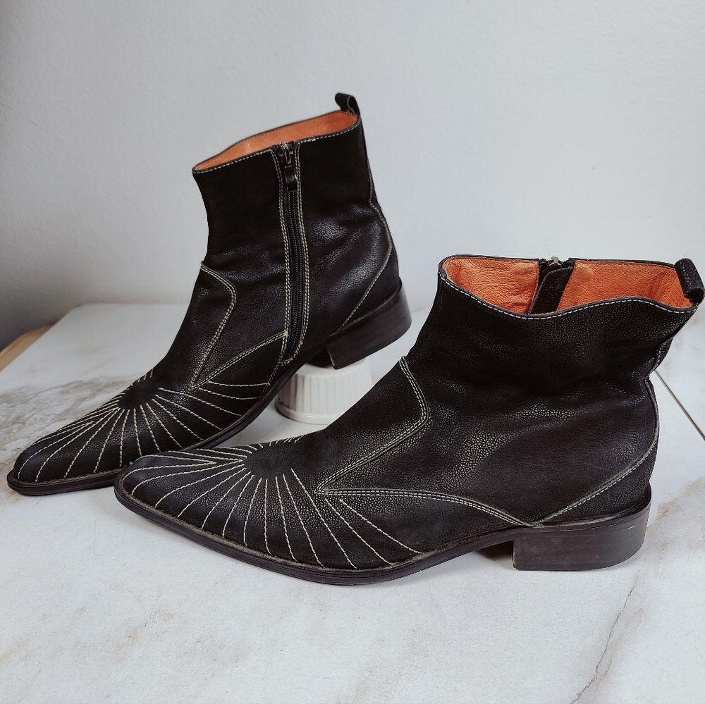 Taj Collection Men's Black Leather Contrast Stitch Cowboy Ankle Boots, Sz 9-9.5